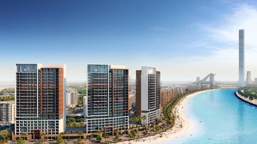 Official project visualisation of Azizi Riviera apartment buildings beside the lagoon in Meydan