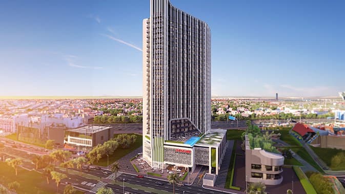 Official project visualisation of Bayz by Danube and its landscaped podium in Business Bay