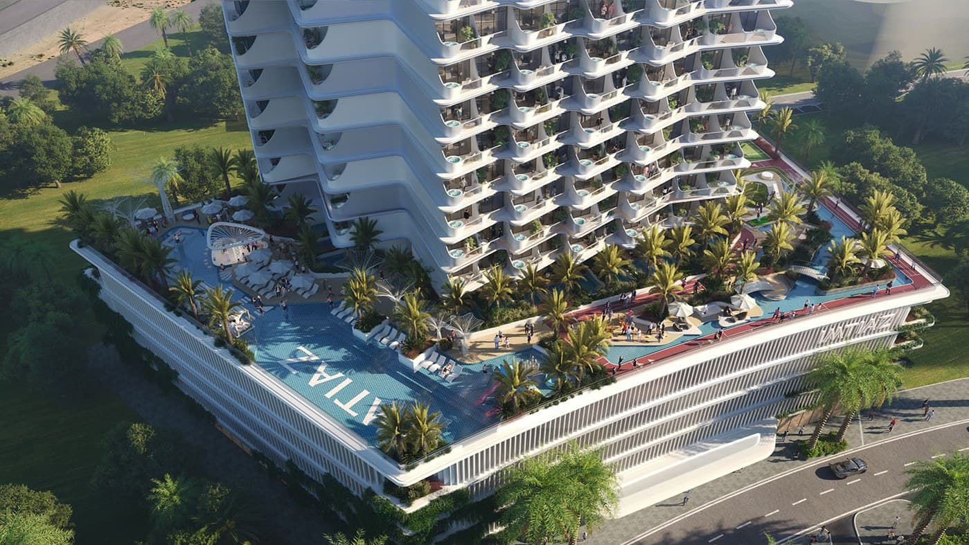 Official project visualisation of Cove by Imtiaz with landscaped terraces and a podium swimming pool