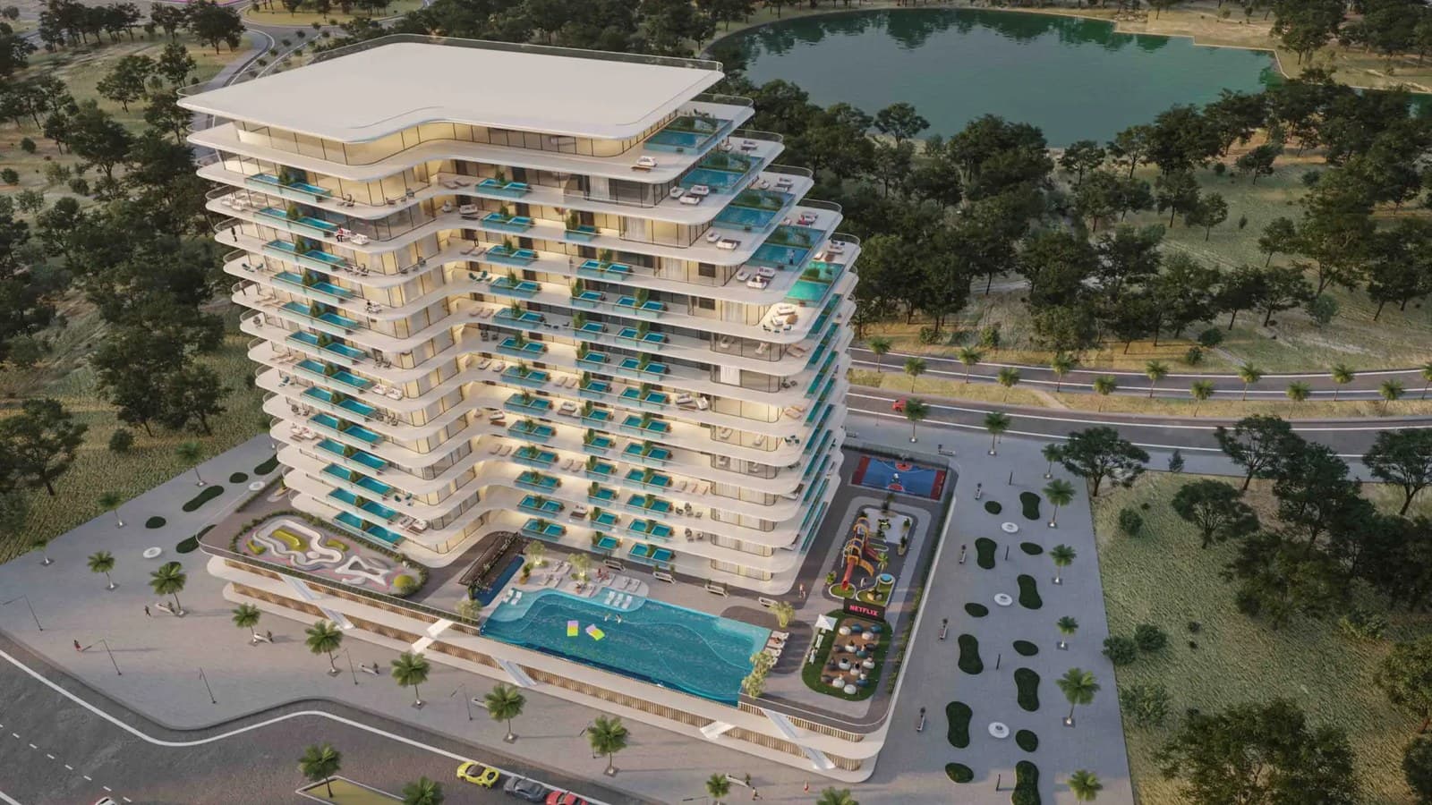 Official project visualisation of SAMANA Golf Views with curved balconies and private pools in Dubai Sports City